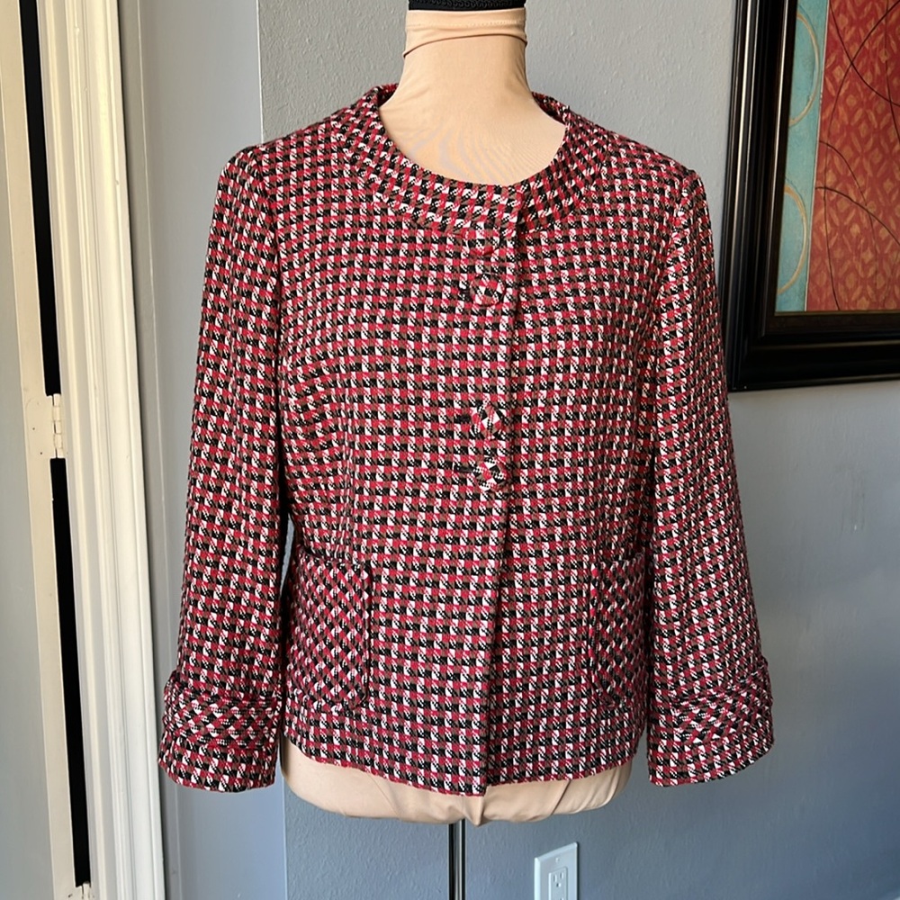 LOFT Red Black White Tweed Boxy Blazer